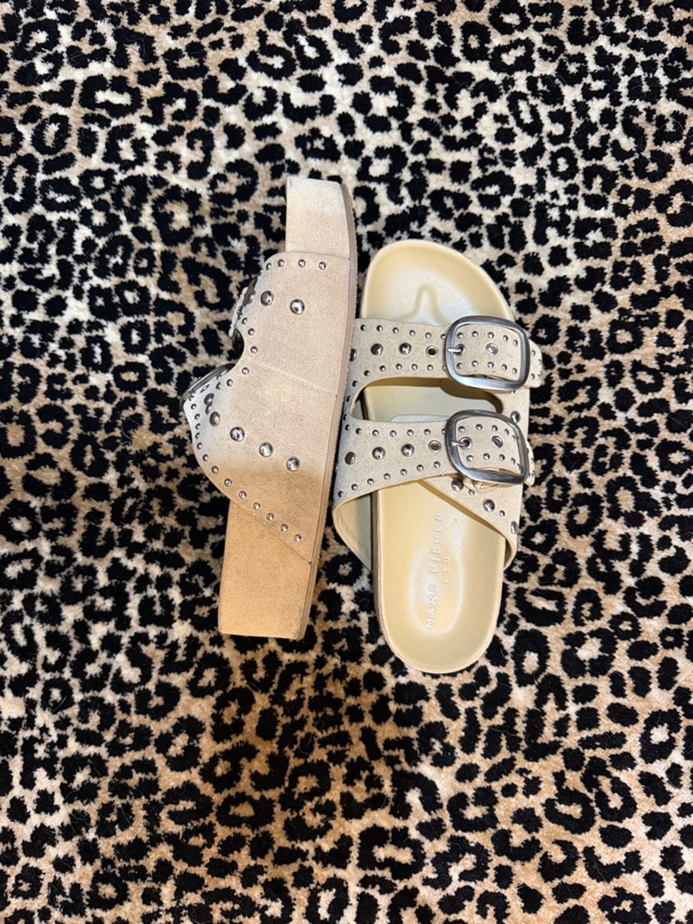 Marc Fisher Beige Studded Double-Buckle Slide Sandals - Picture 2 of 4